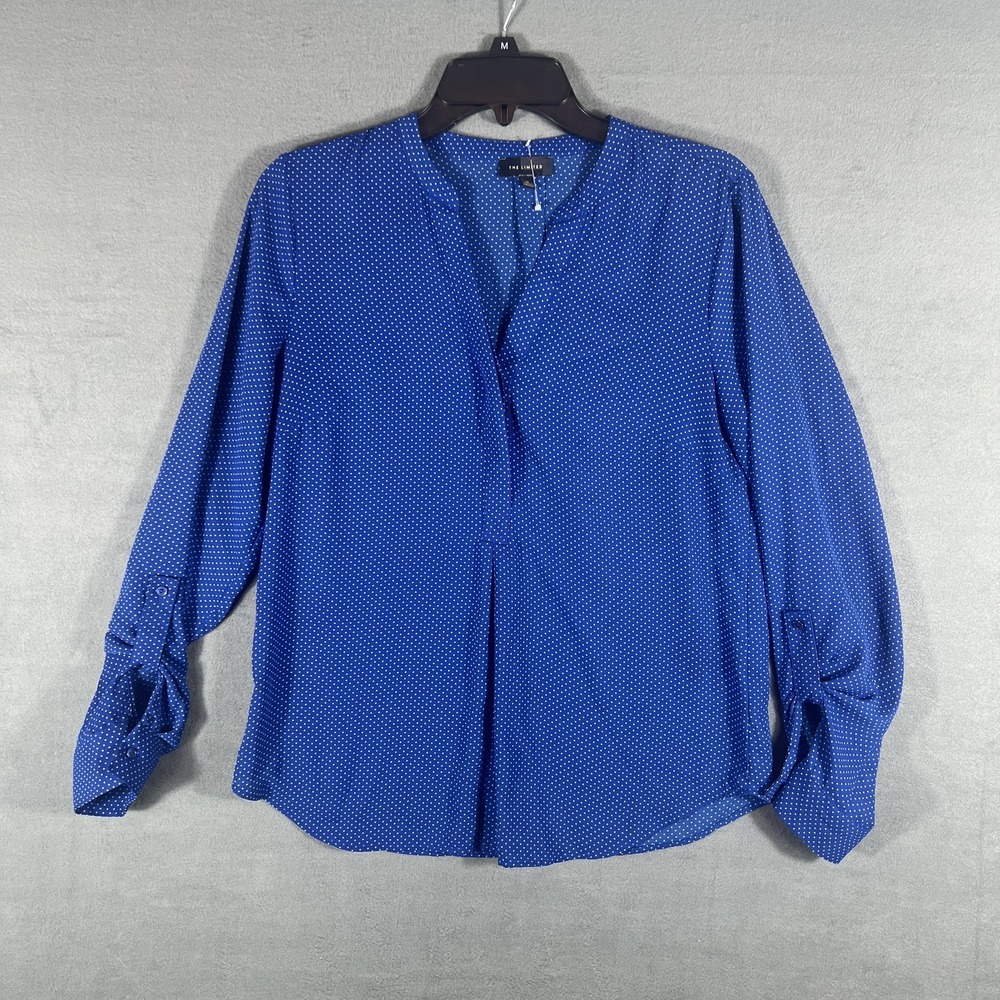 The Limited Women's Blue White Polka Dot V-Neck Roll Tab‎ Sleeve Blouse Top Size